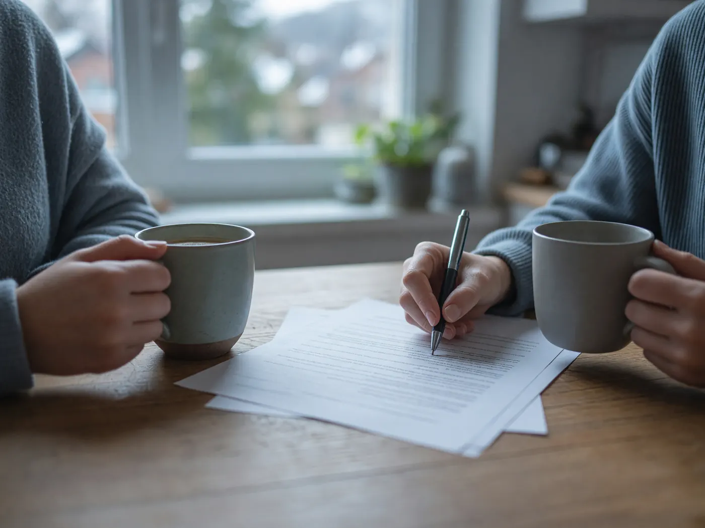 Two pairs of hands holding grey ceramic mugs at a kitchen table, one hand writing with a pen on a few printed pages, a window behind