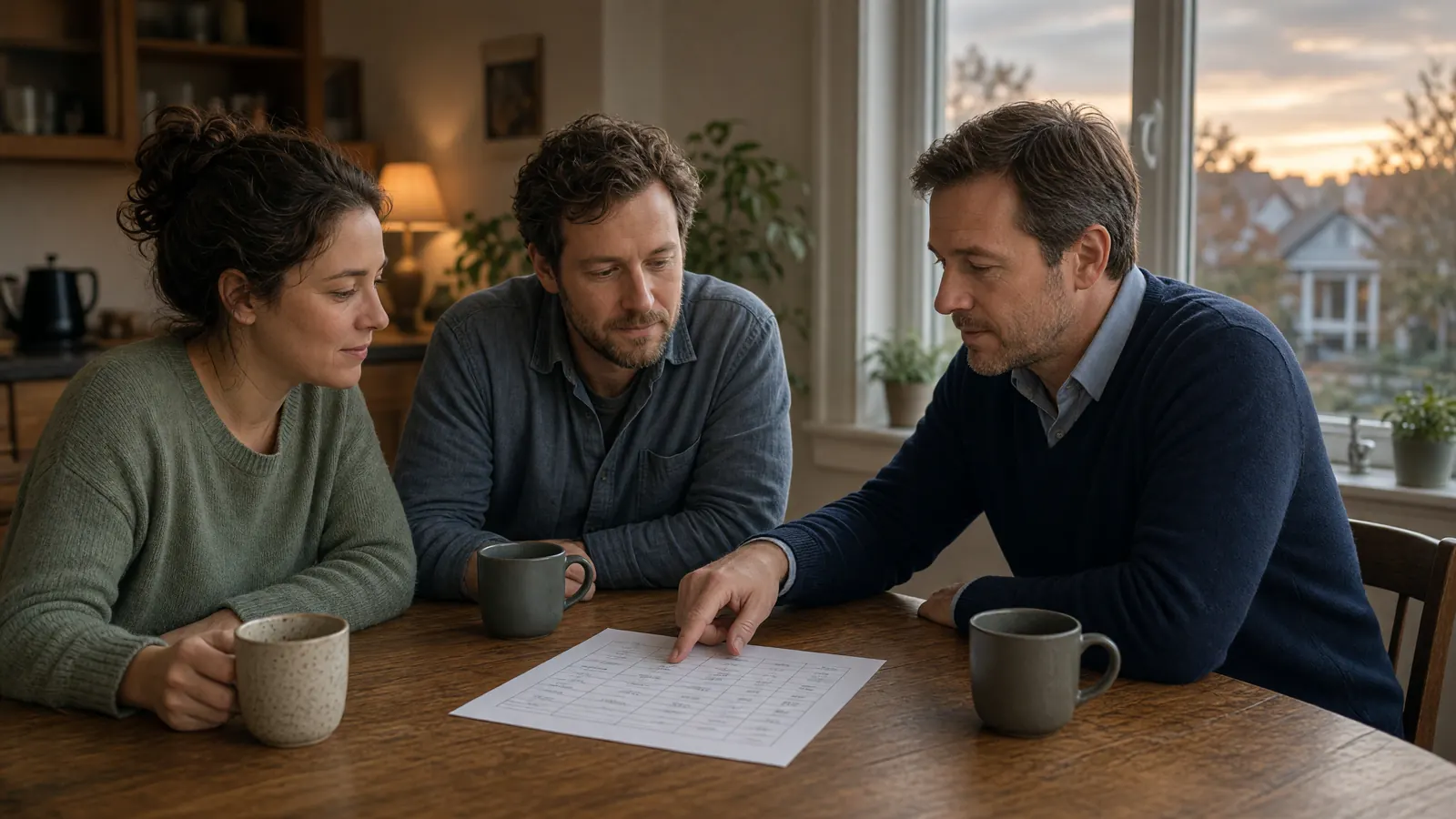 Three people at a wooden kitchen table with coffee mugs, one of them pointing at a printed page of figures while evening light comes through the window