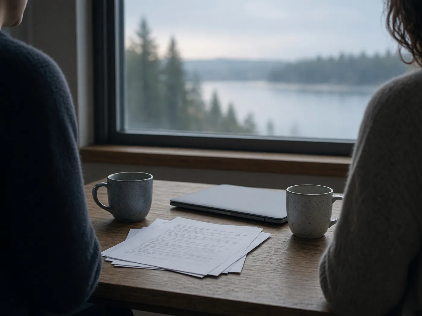 Two people seen from behind at a table with two mugs, a closed laptop and a few papers, looking out a window at a lake lined with spruce trees